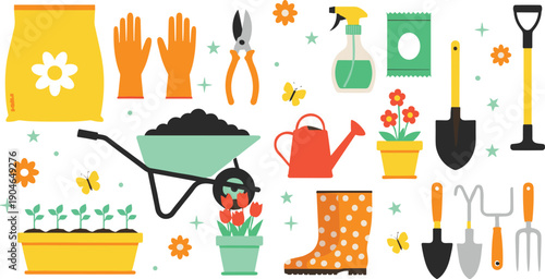 Gardening tools and spring plants illustration set featuring wheelbarrow, watering can, gloves, boots, pots, and flowers in colorful flat vector style