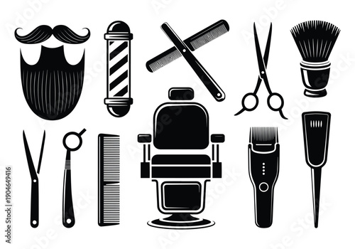Barbershop equipment and accessories, including barber chair, scissors, and comb.