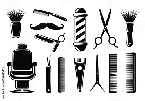 Set of barber tools and accessories, featuring a barber chair, scissors, and comb.