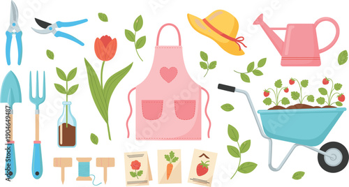Gardening tools and spring planting illustration set featuring apron, wheelbarrow, watering can, seeds, flowers, and home garden equipment