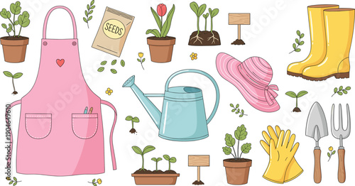 Home gardening tools and plants illustration set featuring apron, watering can, gloves, boots, seedlings, and spring garden accessories in flat vector style