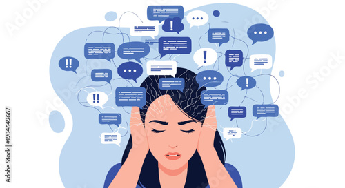 Woman overwhelmed by constant messages and notifications, stress and information overload concept.