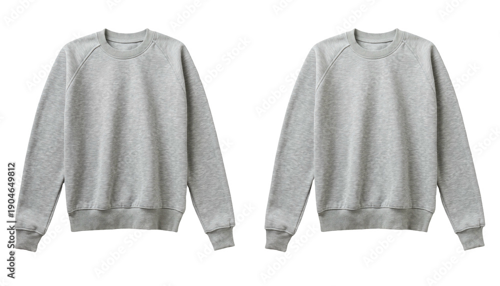 Fototapeta premium Two identical gray crewneck sweatshirts, frontal view, isolated