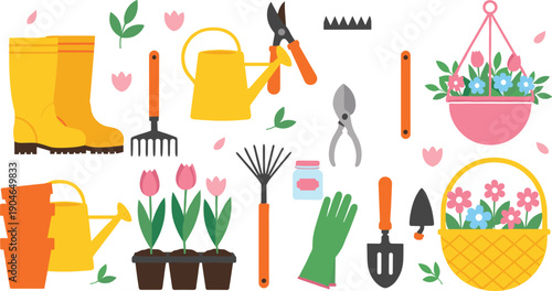 Spring gardening tools and flowers illustration set featuring watering cans, boots, gloves, pots, and blooming plants in colorful flat vector style