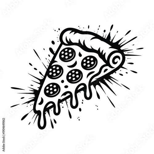A dynamic black and white vector illustration of a delicious pepperoni pizza slice with melting cheese and sauce drips, surrounded by energetic ink splatters, perfect for food-related designs and menu