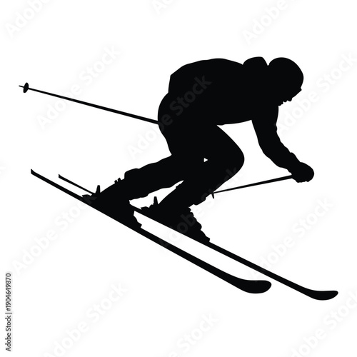 A sleek black silhouette vector illustration of a downhill skier in an active, dynamic pose, carving down a slope with ski poles, representing speed and winter sports.