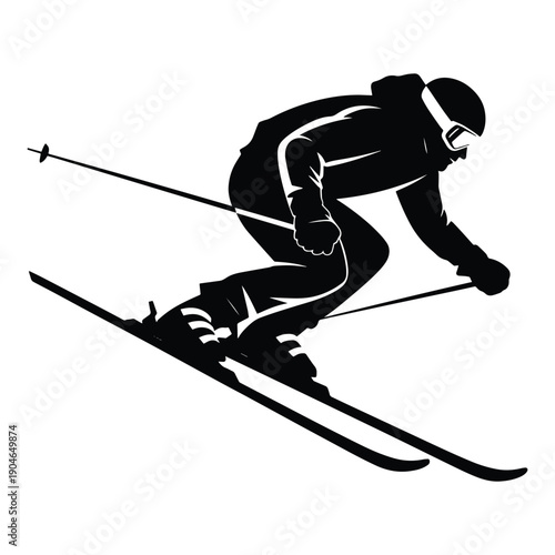 A detailed black silhouette vector illustration of a downhill skier in an aggressive, dynamic pose, equipped with goggles and helmet, capturing the thrill of winter sports.