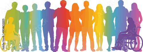 Diverse people silhouette group representing inclusion equality accessibility community unity concept, colorful human figures, flat vector illustration isolated