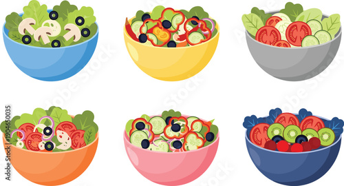 Fresh vegetable salad bowls illustration set featuring healthy mixed greens, tomatoes, cucumbers, olives, and colorful ingredients in flat vector style