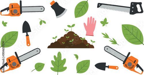 Gardening and landscaping tools illustration set featuring chainsaws, saws, shovel, axe, gloves, leaves, and plant growth elements in flat vector style