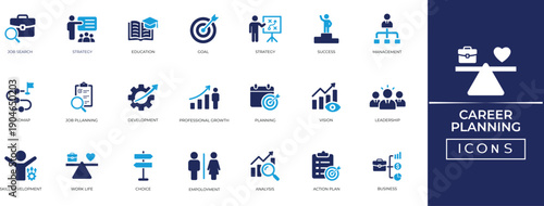 Career Planning Icon Set. Modern Glyph Icons for action plan, Job Search, Coaching, Success Roadmap, Skill Development, and Business Leadership Concepts. Solid icon collection.