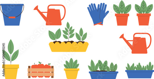 Gardening plants and tools illustration set featuring pots, watering cans, gloves, and leafy houseplants for home garden concepts