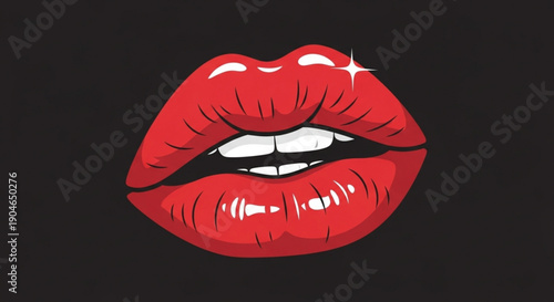 Vibrant red lips with white teeth and sparkle on black background for beauty and makeup concepts