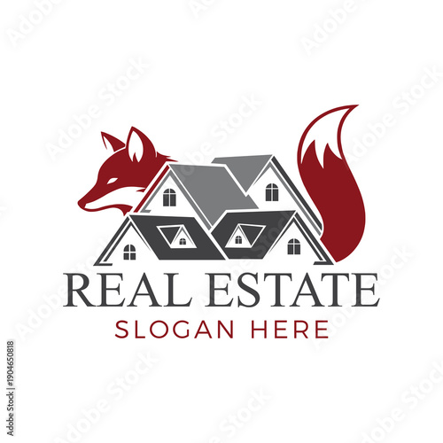 Modern real estate logo with fox and house design elements