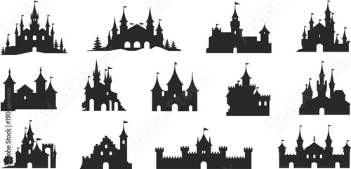Fantasy castle silhouettes collection, medieval fairytale fortresses and towers icons, royal kingdom architecture set, black isolated flat vector illustration design
