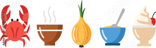 Food Icons Collection with Crab Onion and Dessert Flat Vector Illustration Set Isolated on White Background