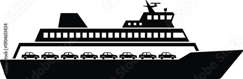 Black Silhouette Ferry Boat Carrying Passenger Cars Vector Illustration Isolated on White Background for Maritime Transport Logistics and Travel Design Projects