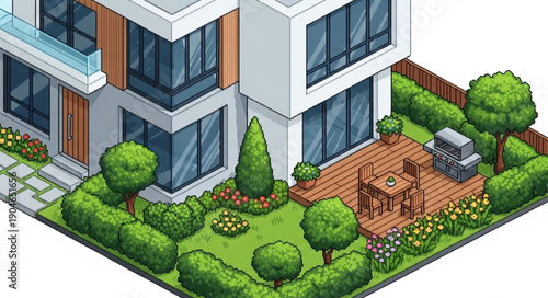 Isometric modern house with a manicured garden and patio.