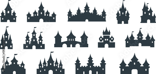 Fantasy castle silhouettes set, medieval fairytale fortresses and towers collection, royal kingdom architecture icons, black isolated flat vector illustration
