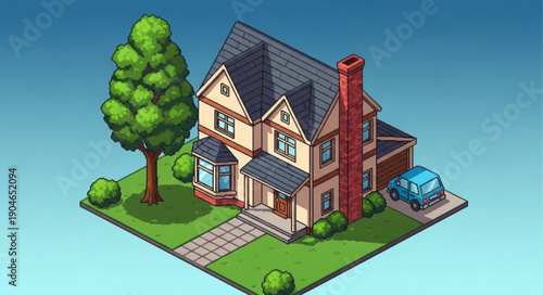 Isometric Cartoon House with Tree and Car.