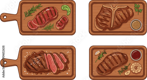 Grilled Steak on Wooden Board Collection Flat Vector Illustration Set Isolated on White Background