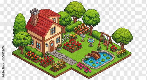 Isometric Farmhouse Scene with Garden and Pond.
