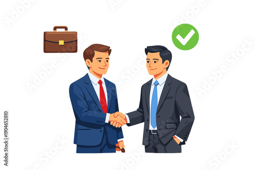 Business people shake hands after reaching agreement in a professional setting while holding a briefcase and showing a checkmark symbol