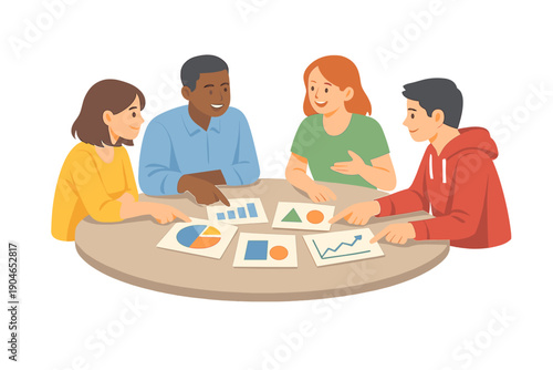 Team members discuss data and present charts during a meeting in a bright room in the afternoon