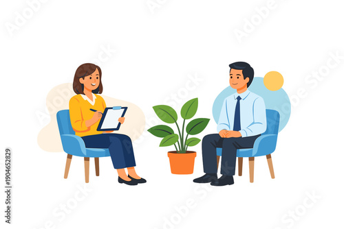 Therapist talks with a client in an office setting during a session focused on mental health support and personal development