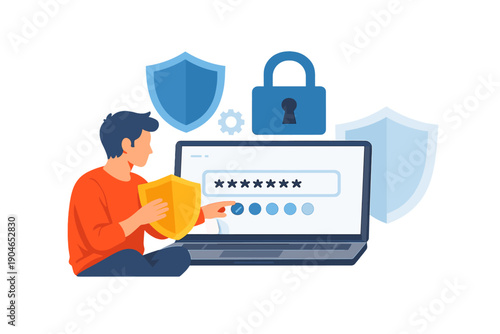 Man using computer for online security and creating a password while holding a shield symbol for protection in a digital setting