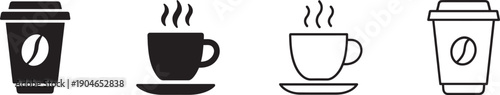 Coffee cup icon set with flat and outline styles, hot tea drinks, takeaway cup, steam.