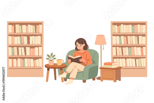 Woman reads a book while sitting in a chair surrounded by bookshelves in a cozy room during daytime hours