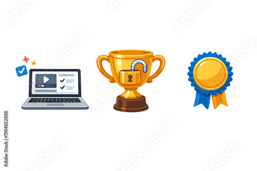 Celebrating online achievements with a laptop, a locked trophy, and a blue ribbon graphic design