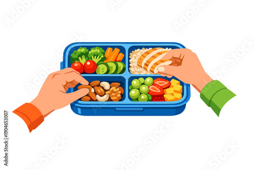 Hands preparing a healthy lunch with vegetables, protein, and fruit in a blue meal container during midday