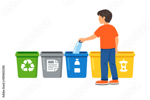 Child participates in recycling by throwing a plastic bottle into a blue bin at home during the afternoon