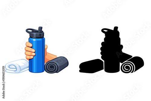 Collection of a water bottle and towels ready for a workout session at a gym in the morning time