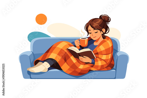 Cozy moment of a woman relaxing on a couch with a book and a warm drink during a quiet afternoon at home
