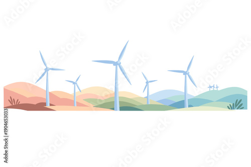 Wind turbines stand in a row on rolling hills in a rural area during daylight hours with soft colors and gentle shapes in the background