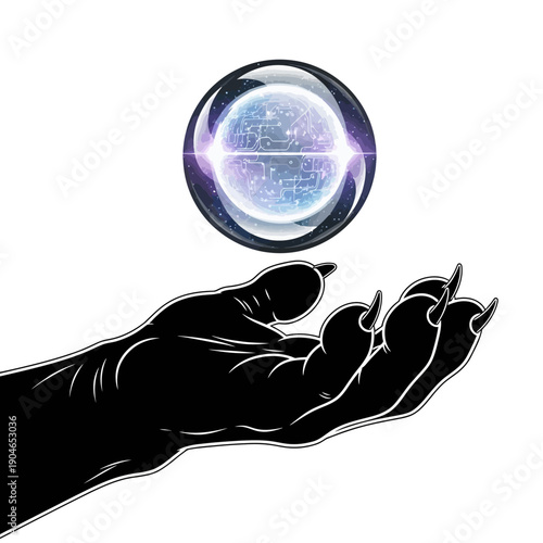 Clawed Hand Holding a Mystical Orb with Cityscape Reflection.