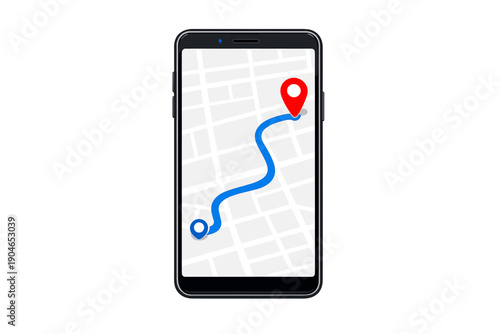 Map showing a route on a smartphone with a starting point and destination marked, indicating navigation in a city environment