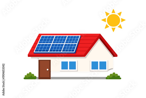 House with solar panels on the roof under a bright sun in a simple outdoor setting