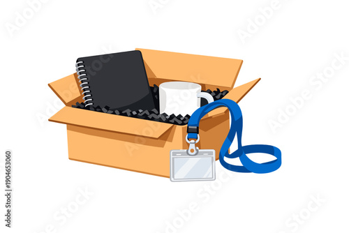 Box contains a notebook, a mug, and a lanyard with an ID badge, suggesting a new office setup or transition for a job role