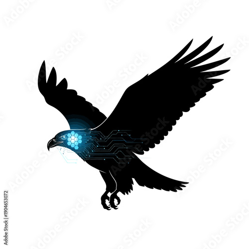 Cybernetic Eagle Silhouette with Glowing Circuitry, Symbol of Technological Prowess.