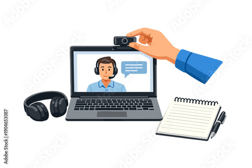 Person using a laptop for a video call while setting up a webcam and preparing notes on a desk at home in the evening