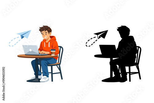 Young person working on a laptop at a table with a paper airplane flying in a bright setting, contrasting with a shadow of a person at another table