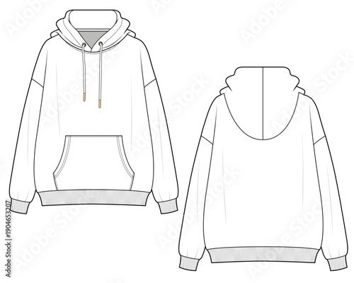 Drop shoulder hoodies technical drawing vector mockup template.