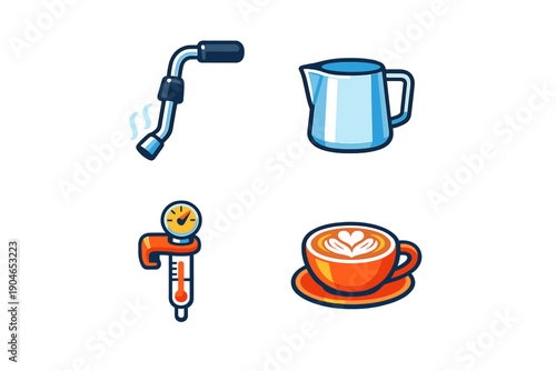 Art of making coffee with tools like steam wand, pitcher, pressure gauge, and latte cup on a simple background