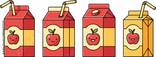 Hand Drawn Apple Juice Carton Set with Straw Isolated on White Background Vector Illustration