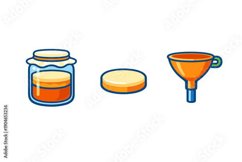 Honey jar, wax disc, and funnel sit together on a flat surface, showing tools for honey storage and pouring at a kitchen setting