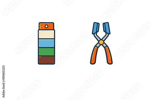 Selection of paint colors and a pair of pliers on a white background, common items used for home improvement and DIY projects in various locations